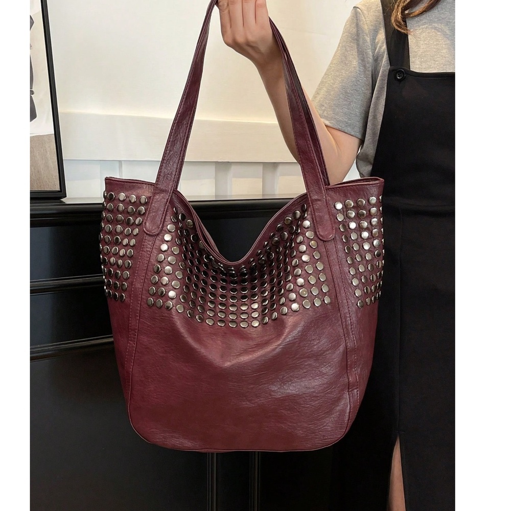 Burgundy Vegan Leather Studded Tote Bag - Picture 2 of 6